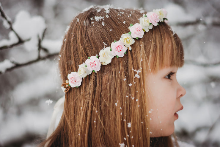 Handcrafted Ivory and Pink Flower Girl Crown
