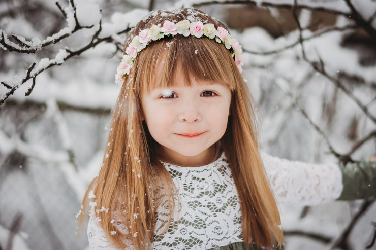 Handcrafted Ivory and Pink Flower Girl Crown