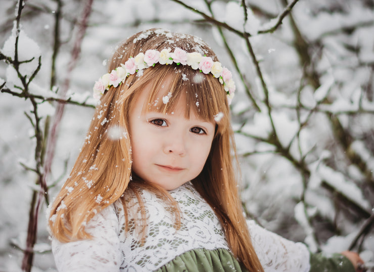 Handcrafted Ivory and Pink Flower Girl Crown