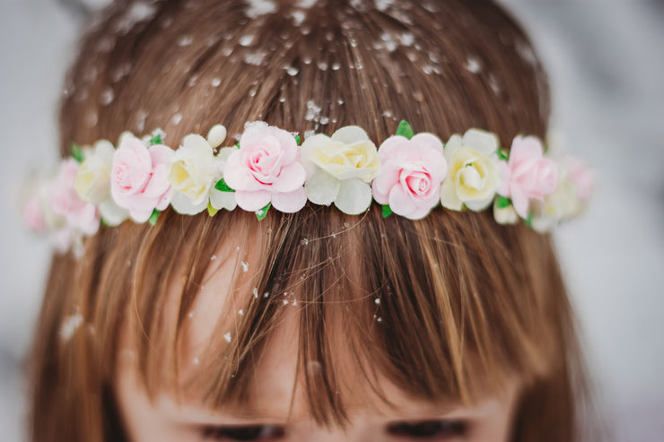 Handcrafted Ivory and Pink Flower Girl Crown
