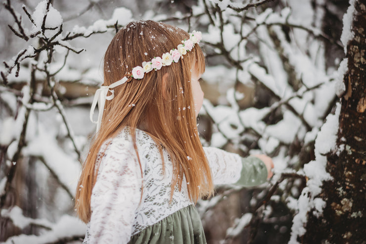 Handcrafted Ivory and Pink Flower Girl Crown