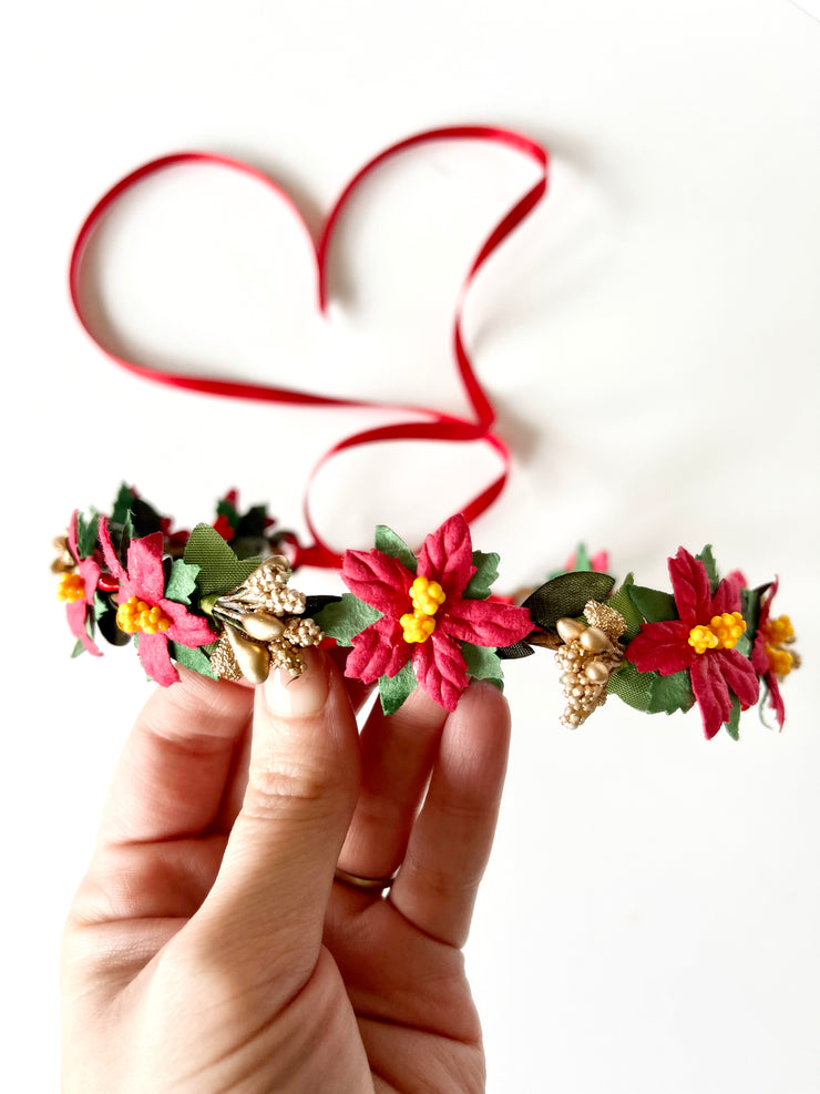 Handcrafted Red and Gold Poinsettia Flower Crown