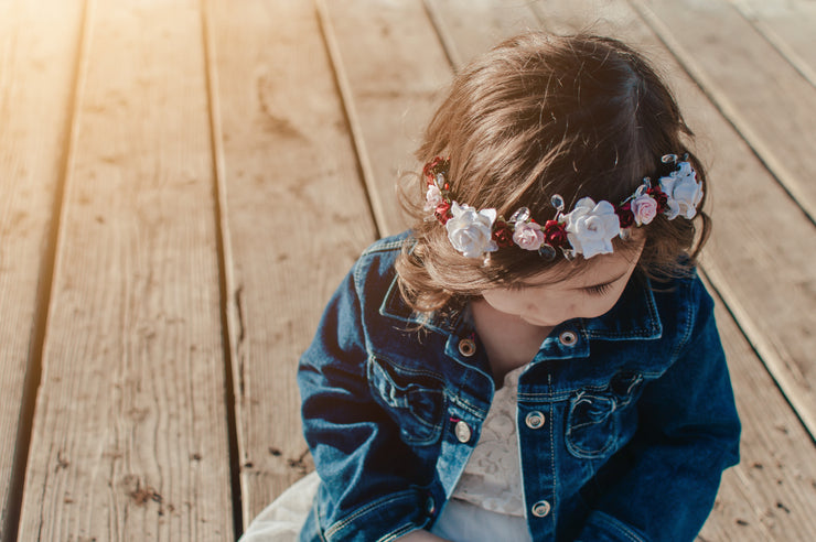 Handcrafted Burgundy White and Pink Flower Girl Crown