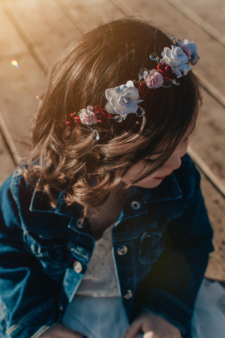 Handcrafted Burgundy White and Pink Flower Girl Crown