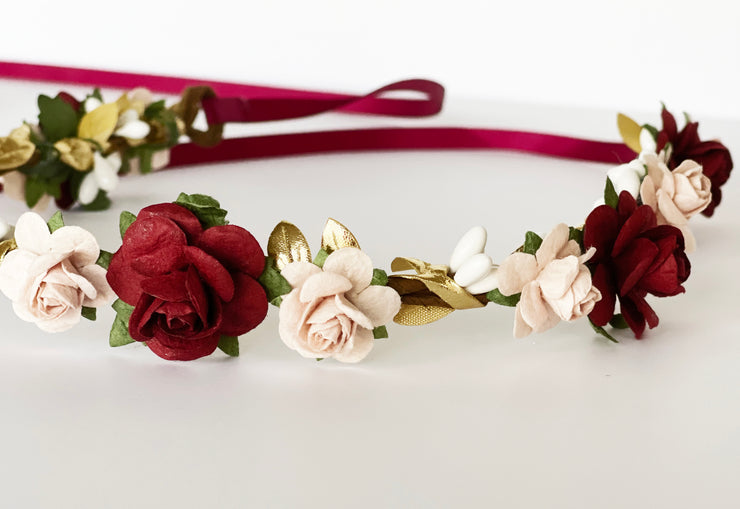 Handcrafted Blush Burgundy and Gold Flower Crown