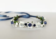 Handcrafted Steel Blue and White Berry Flower Crown