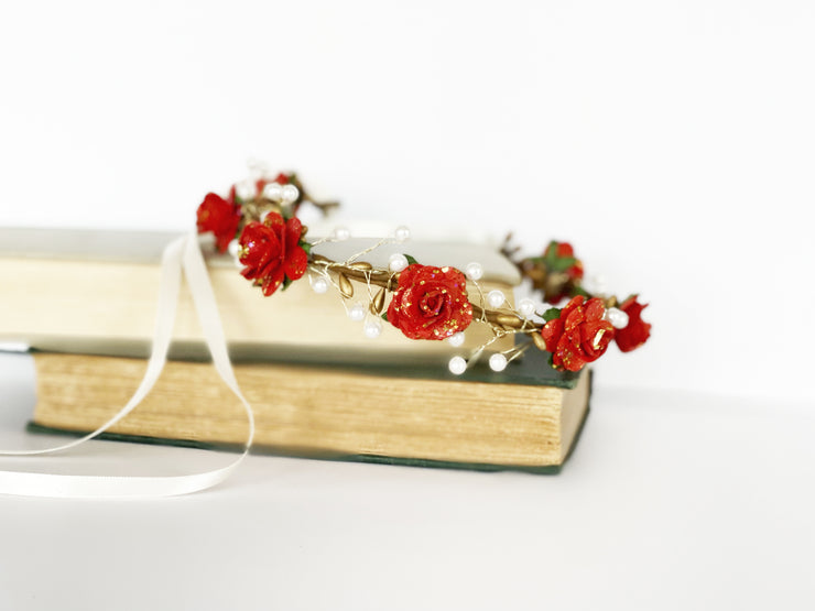 Handcrafted Red Roses and Gold Glitter Flower Crown