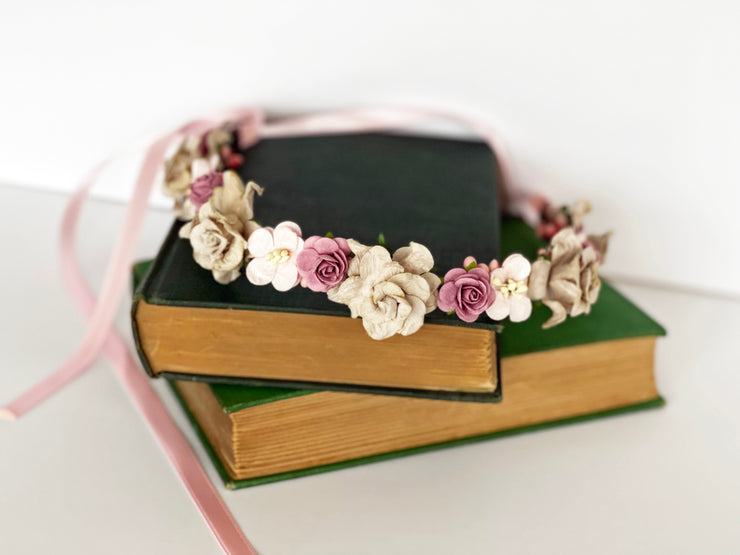 Handcrafted Mauve Tan and Pastel Pink Flower Crown