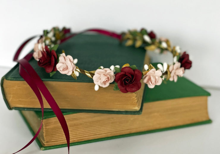 Handcrafted Blush Burgundy and Gold Flower Crown