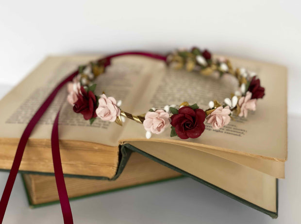 Handcrafted Blush Burgundy and Gold Flower Crown