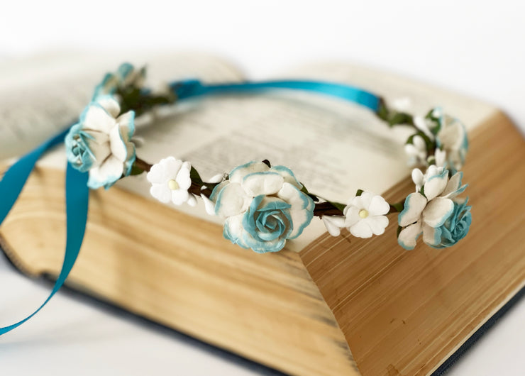 Handcrafted Aqua and White Flower Crown