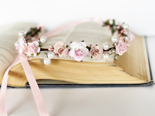 Handcrafted Pale Blush Pink Pearl Flower Crown