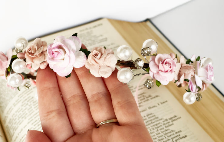 Handcrafted Pale Blush Pink Pearl Flower Crown