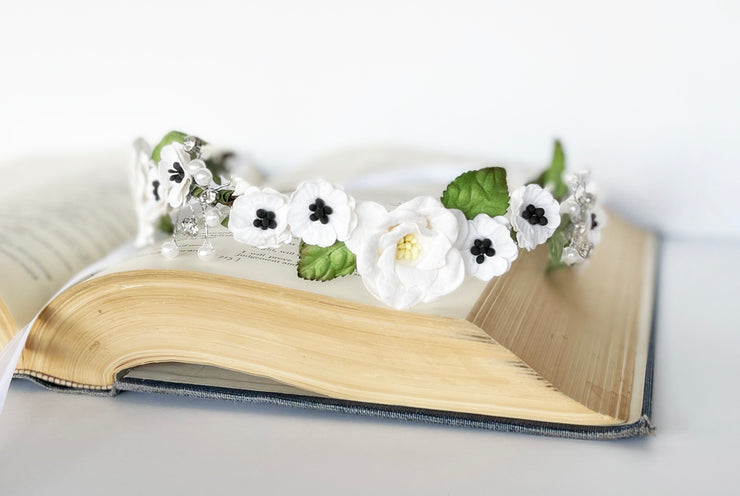 Handcrafted White Magnolia and Anemone Pearl Flower Crown