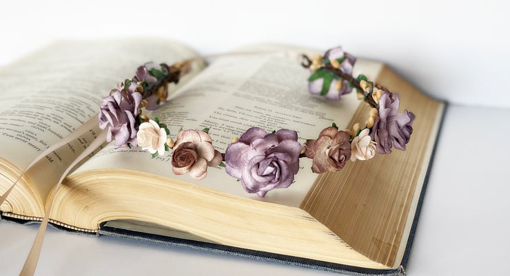 Handcrafted Smoky Amethyst Purple Brown and Blush Flower Crown