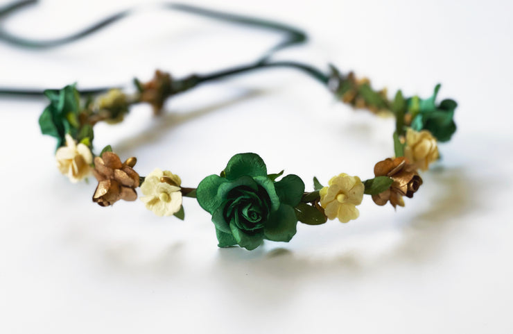 Handcrafted Emerald Green Gold and Cream Goddess Flower Crown