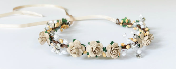 Handcrafted Small Beige Pearl Flower Crown