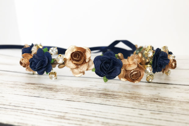 Handcrafted Elegant Navy Blue and Gold Flower Crown