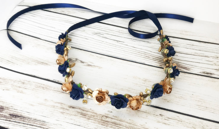 Handcrafted Elegant Navy Blue and Gold Flower Crown