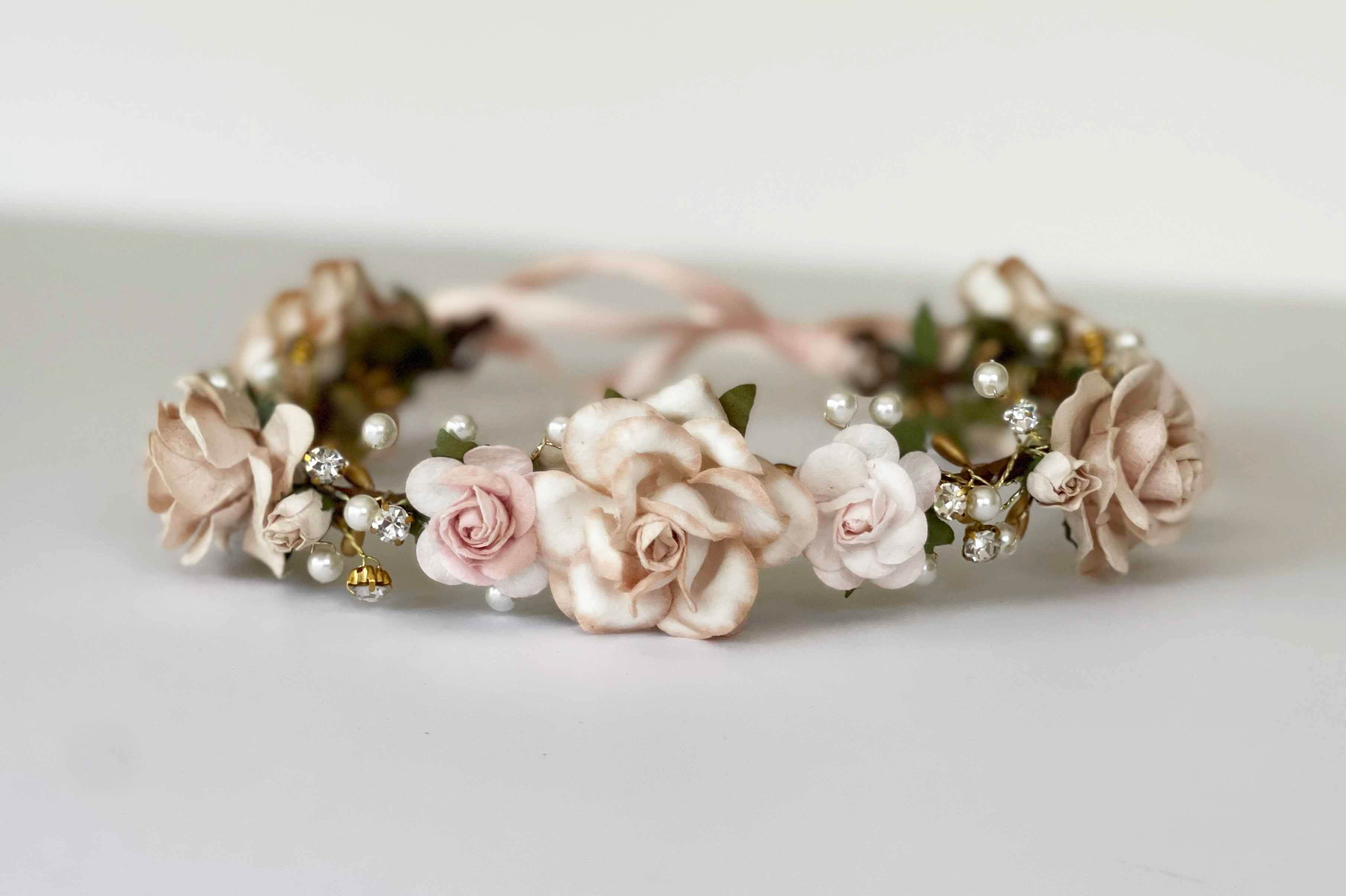 Handcrafted Beige Champagne and Blush Flower Crown – The Pearled Rose