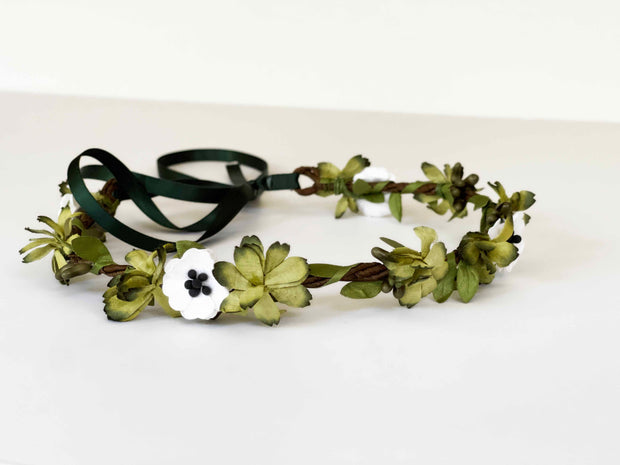 Handcrafted Moss Green and White Anemone Flower Crown
