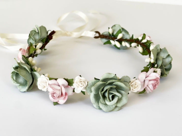 Handcrafted Sage Blush and Ivory Flower Crown