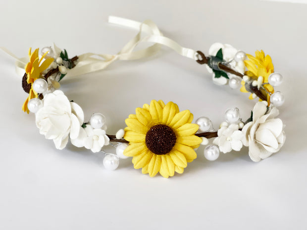 Handcrafted Sunflower Pearl Crown