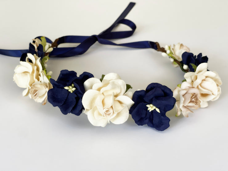 Handcrafted Navy Blue Champagne and Ivory Flower Crown