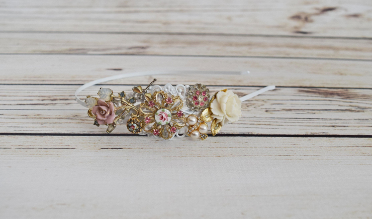 Blush Shabby Chic Wedding Hair Vintage Jewelry Collection Headband White Side Tiara Dragonfly Collector Ivory Rose Headpiece Adult