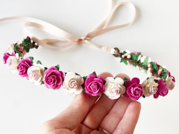 Handcrafted Blushing Hot Pink Flower Crown