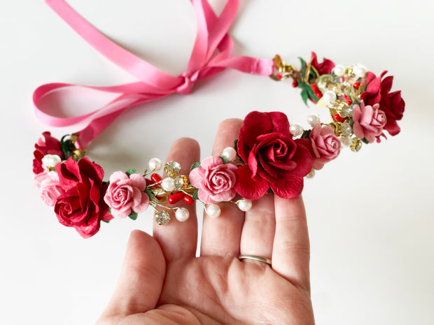 Handcrafted Bubblegum Pink and Red Rose Flower Crown