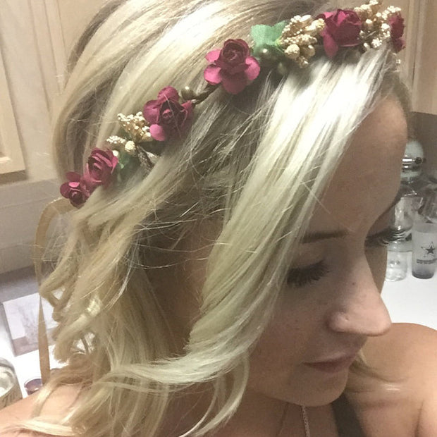 Handcrafted Burgundy and Gold Flower Crown