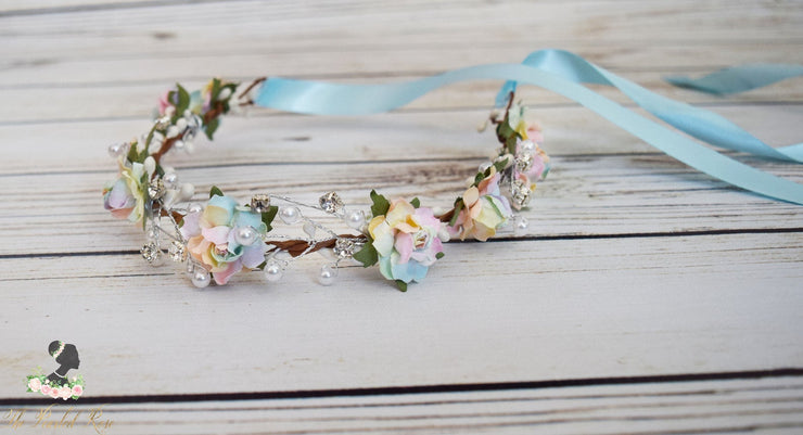 Handcrafted Pastel Rainbow Pearl and Crystal Flower Crown