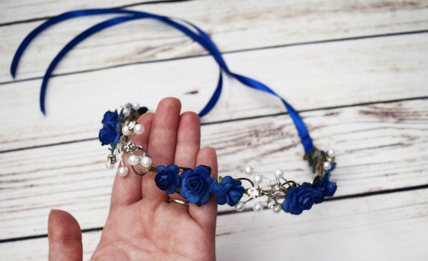 Handcrafted Classic Royal Blue Pearl Flower Crown