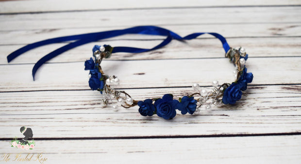 Handcrafted Classic Royal Blue Pearl Flower Crown
