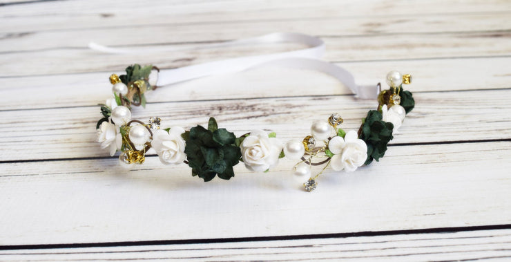 Handcrafted Dark Green and White Flower Crown