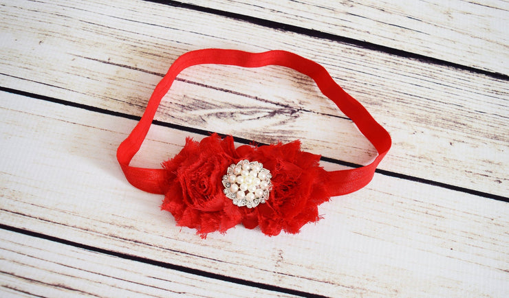 Handcrafted Holiday Red Rose and Pearl Soft Headband