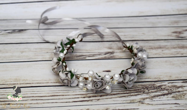 Handcrafted Light Gray Pearl Flower Crown