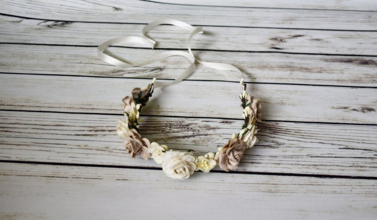 Handcrafted Rustic Beige and Ivory Flower Crown