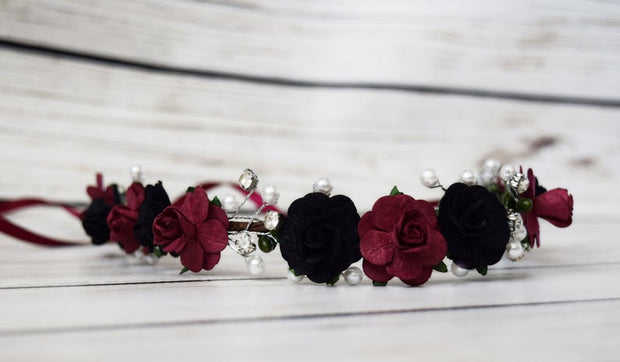 Handcrafted Black and Burgundy Pearl Flower Crown