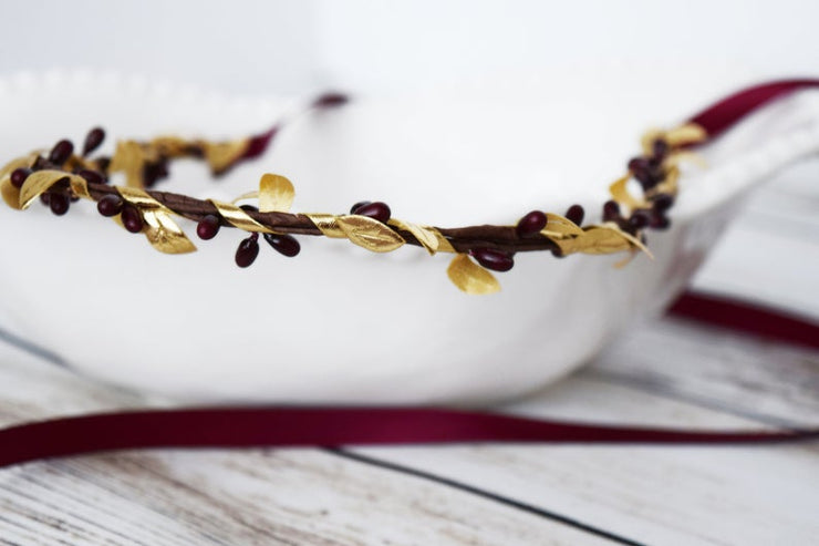Handcrafted Burgundy and Gold Leaf Simple Crown