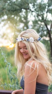 Handcrafted White and Dusty Blue Glitter with Teardrop Crystals Flower Crown
