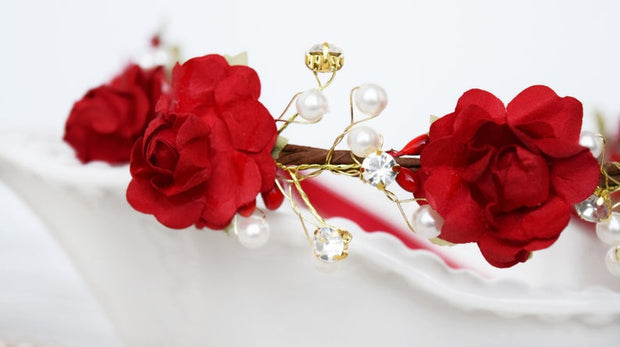 Handcrafted Red Pearl Flower Girl Crown