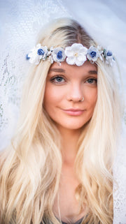 Handcrafted White and Dusty Blue Glitter with Teardrop Crystals Flower Crown