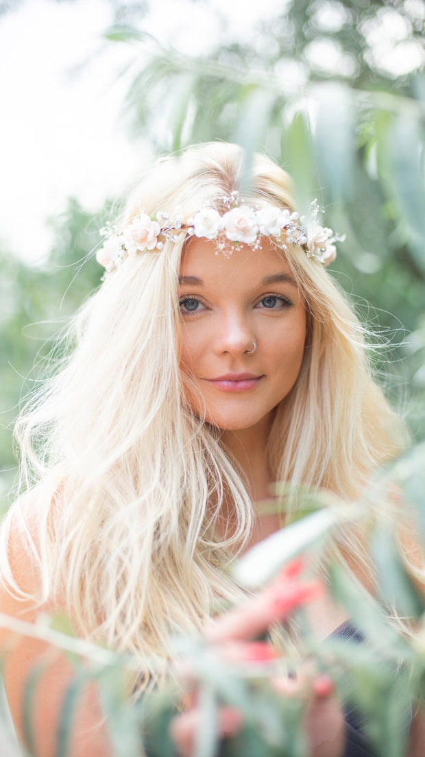 Handcrafted Snow Dusted Blush Pearl Bridal Flower Crown