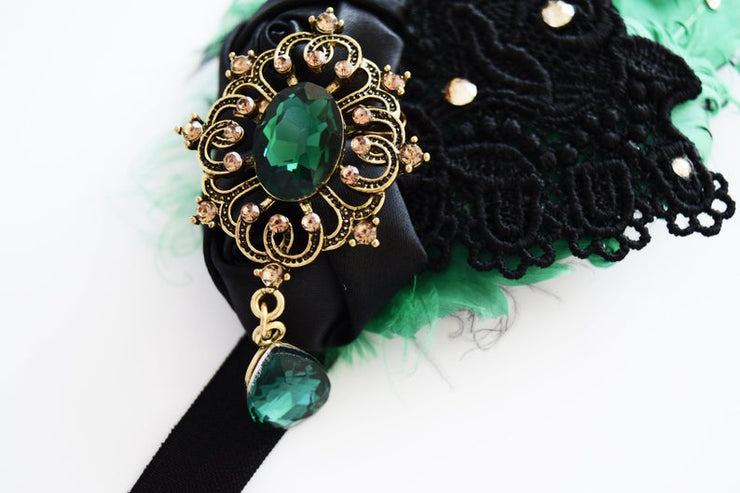Handcrafted Emerald Green and Black 20s Headband