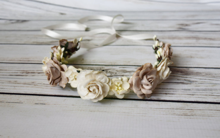 Handcrafted Rustic Beige and Ivory Flower Crown