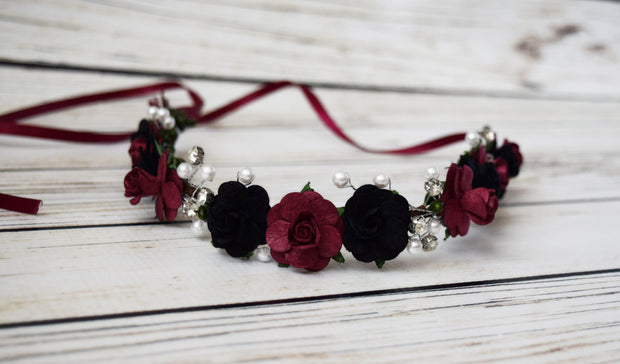 Black and Burgundy Flower Crown with Pearls Crystals Flower Girl Bridal Wedding Vintage Hair Wreath Halo Accessory