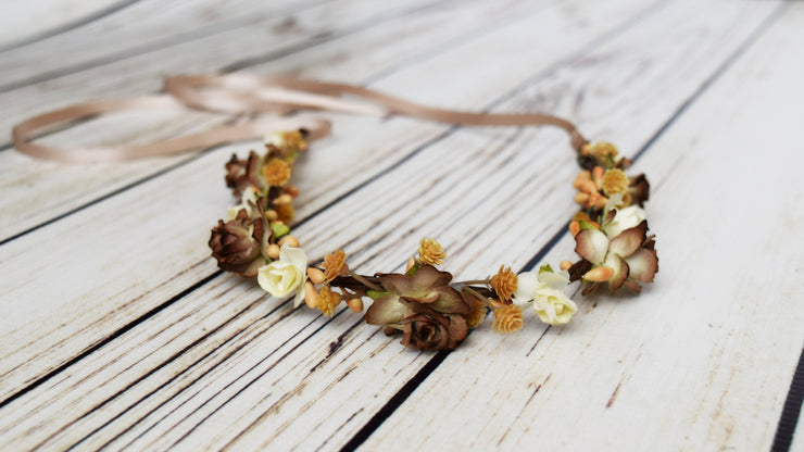 Rustic Flower Girls Crown Brown Ivory Tan Small Wedding Headpiece Boho Bridal Fashion Country Bridesmaid Accessory Wreath