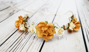 Handcrafted Honey Amber Cream Flower Girl Crown Fall Bridal Hair Wreath Small Bridesmaid Crystal Headband Boho Wedding Yellow Girls Hair Accessory